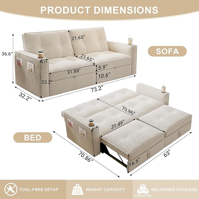 Sleeper Sofa Bed Queen Size Sofa Bed Convertible Pull Out Couch with Adjustable Backrest USB Port and Side Pockets Modern 2 Seater Small Couches for Living Room Space-Saving