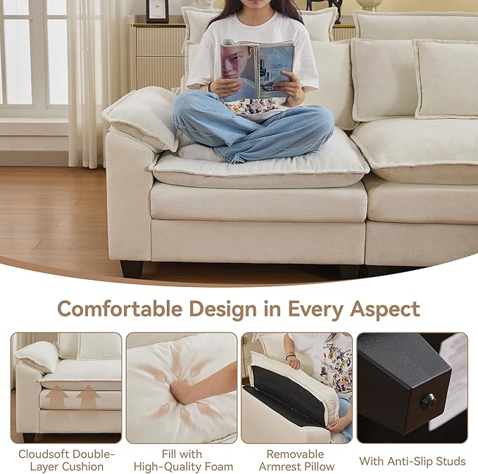 46''Cloud Oversized Sofa Chair with Detachable Headrest Upholstered Comfy Arm Accent Chair with OttomanModern Chenille Reading Lounge Armchair for Living RoomBedroom Beige