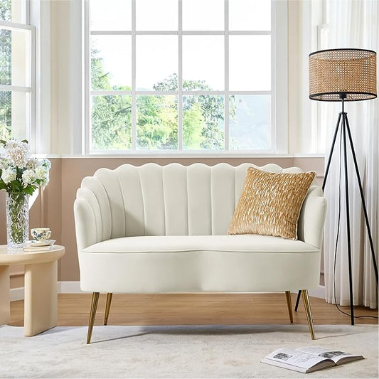 HULALA HOME Modern Velvet Loveseat Sofa with Flower Shaped Back Comfy Upholstered 2-Seater Sofa with Gold Metal Legs Small Love Seat Accent Couch for Living Bedroom Leisure Areas Ivory