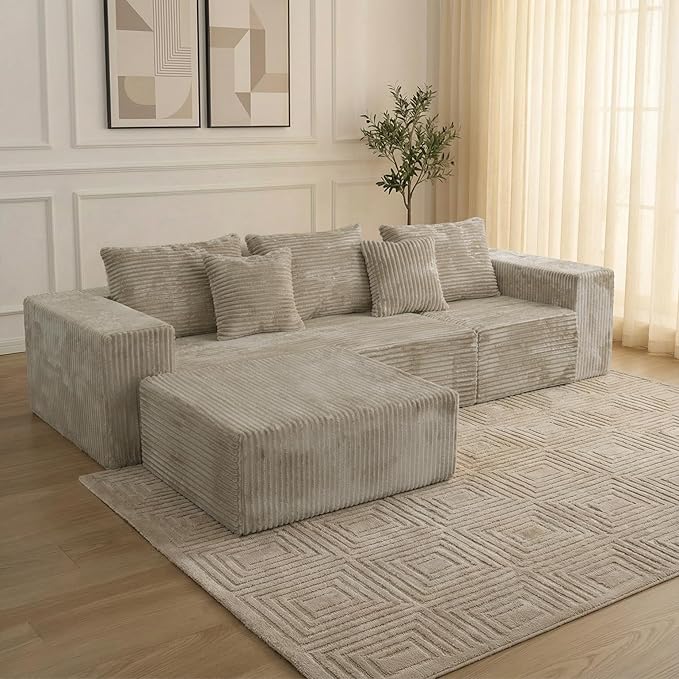 Sytopia 109 L-Shaped Cloud Couch Boneless Modular Sectional Sofa with Deep Seat for Living Room Bedroom Modern Couch Corduroy Comfy Sleeper Futon Sofa Bed 40D Foam Left Facing
