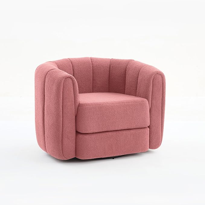 Swivel Accent Chairs Set of 2 for Living Room Teddy Fabric 360 Degree Round Swivel Barrel Armchair Pumpkin Shaped Single Club Sofa Recliner Chairs for Home Bedroom Apartment Office (Pink)