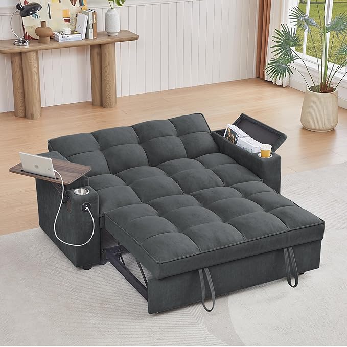 65'' 3-in-1 Folding Convertible Sofa Bed Pullout Sofa Modern Chenille Fabric 360° Swivel Side Table Easy Assembly Perfect for Living Room Grey