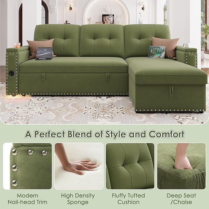 HIFIT Sleeper Sofa Bed- 81 L Shaped Pull Out Couches for Living Room with Storage Chaise Storage Armrest LED Light&ampUSB Port&ampCupholder Modern Velvet Sectional Home Sofa Living Room Furnitur