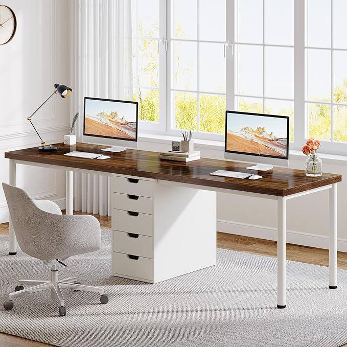 Tribesigns Two Person Computer Desk with 5 Drawers 78.7 Inches Extra Long Double Office Desk Modern Simple Double Computer Desk Study Writing Table Workstation for Home Office(Brown/White)