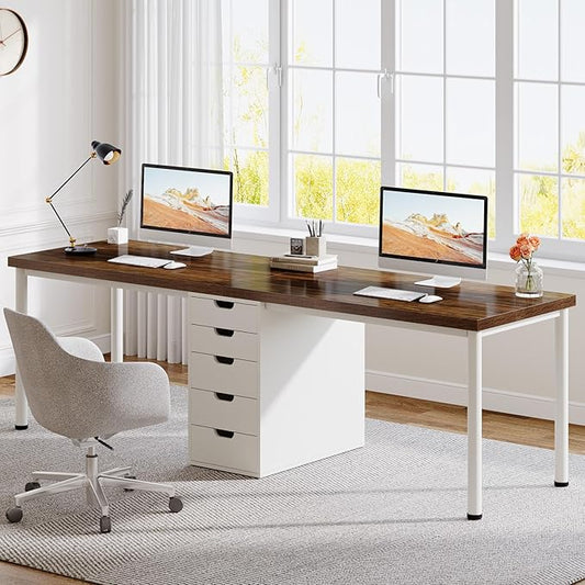 Tribesigns Two Person Computer Desk with 5 Drawers 78.7 Inches Extra Long Double Office Desk Modern Simple Double Computer Desk Study Writing Table Workstation for Home Office(Brown/White)