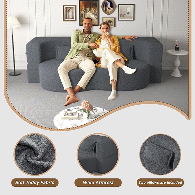 78 Teddy Folding Floor Sofa Couch BedConvertible Folding Sofa Bed Full Size Love Seat Sleeper Bed Floor Sofa Bed with 2 Pillows for Living Room Apartment Office (Grey)