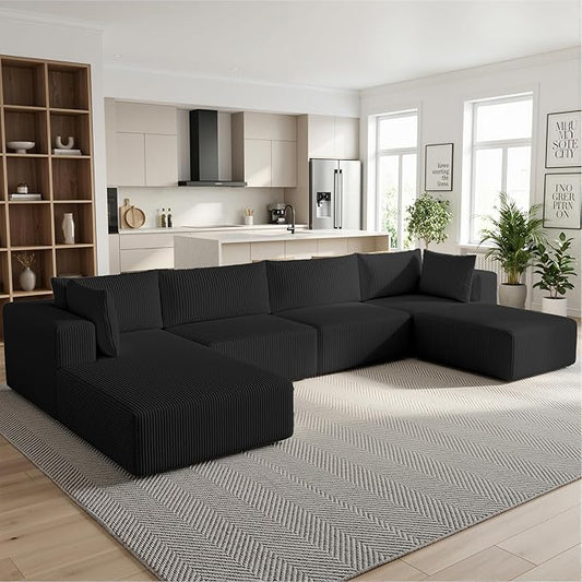 138 Boneless Couches for Living Room Modular Cloud Couch Sofa - 5 Pieces U Shap Corduroy Sectional Sofa Fluffy Memory Foam Sleeper Sofa Furniture No Assembly Wide Armrest Black
