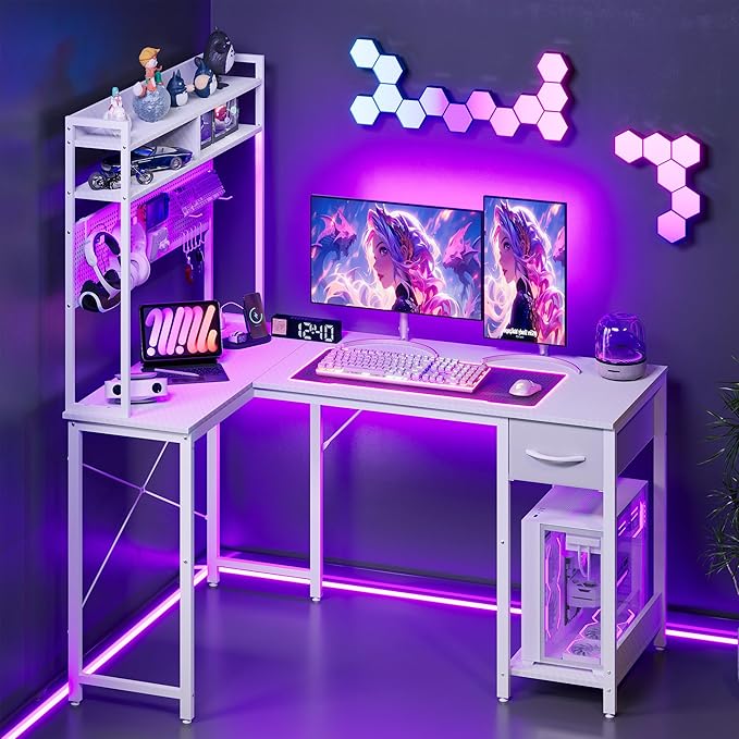 Apicizon L Shaped Gaming Desk 53 Reversible Corner Computer Desk with LED Lights Carbon Fiber Surface Pegboard with Hooks Drawer &amp PC Tower Stand USB Charging Port