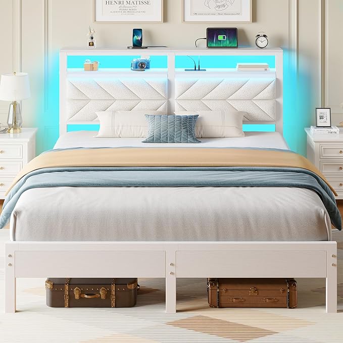 Seventable Bed Frame Full Size with Charging Station LED Bed with Upholstered Storage Headboard Metal Platform Bed with Under Bed Storage No Box Spring Needed Noise Free Easy Assembly White