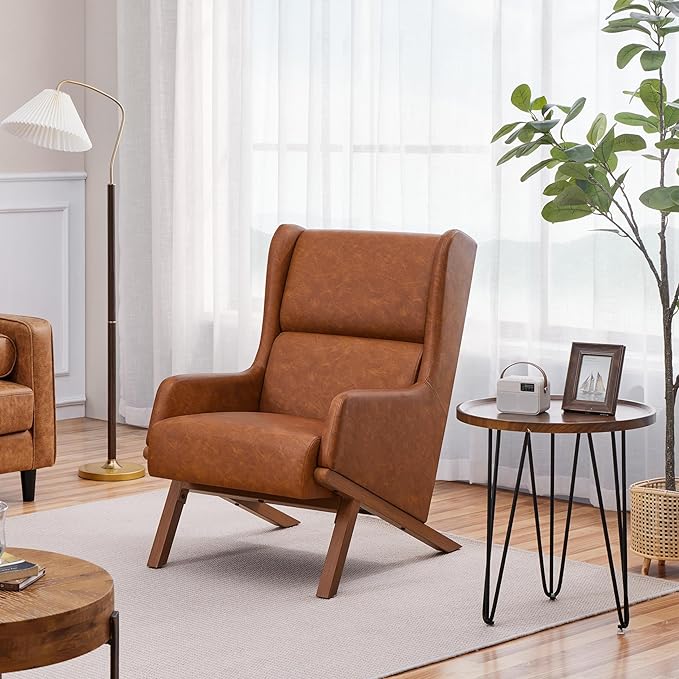 Yaheetech Brown Accent Chair PU Leather Armchair High Wide Backrest Oversized Recliner Chair Thick Seat Cushion for Office Reception Room Reading Nook Brown