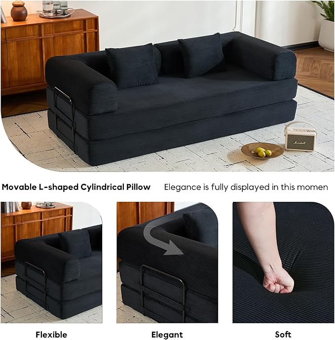 Convertible Sleeper Sofa Bed with Fixed-Shape Frame Corduroy Folding Boneless Couch with Cylindrical Pillow Comfy Floor Sofa Couch for Living Room No Assembly Required Black