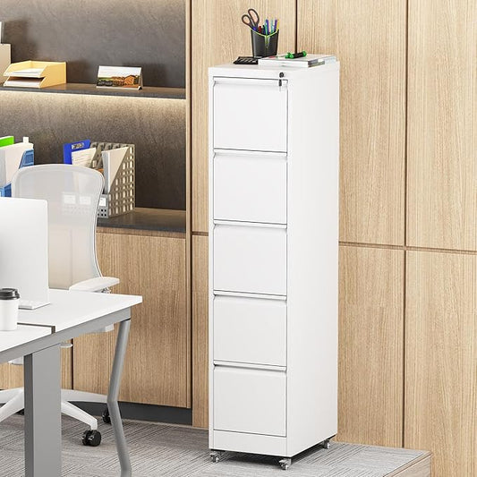 5 Drawer Metal Vertical File Cabinet with Lock on Wheels Heavy Duty Storage for A4 Letter Legal Size Files Home Office Under DeskWhite