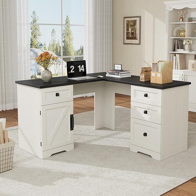 60 L Shaped Executive Desk Farmhouse Style Home Office Corner Computer Desk with File Drawers and Adjustable Side Storage Cabinet Black