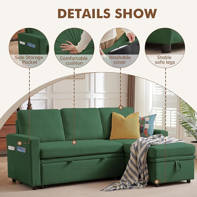 Pull Out Sleeper Sofa Bed 2 in 1 Pull Out Comfy Corduroy Couch with Storage &amp Side Pocket Convertible L Shaped Couch Bed for Living Room Apartment Green
