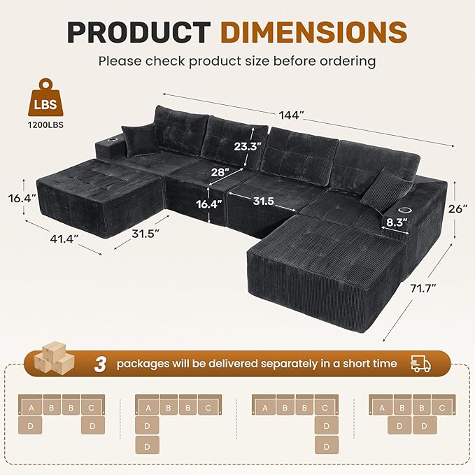 143 Modular Sectional Sofa for Living Room Convertible U-Shape Couch with Ottoman 6 Seater Modular Sectional SofaGary Corduroy