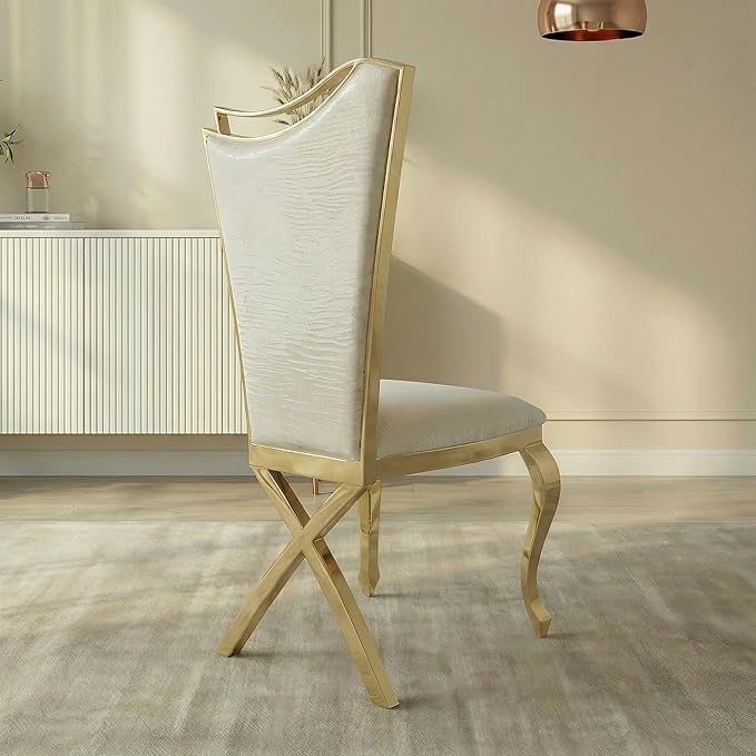 Luxrious Dining Chairs Set of 2 PU Leather Accent Chairs with Shiny Golden Stainless Steel Legs &amp Cushion SeatModern Kitchen Chairs White with High Back for Living Room Meeting Room Dining Room