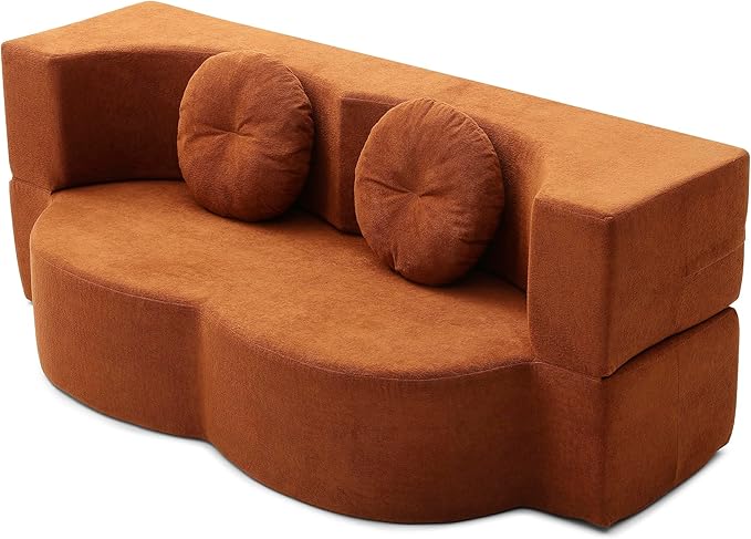 KEIKI 2-in-1 Folding Sofa Bed with Pillow Queen Sleeper Sofa Floor &amp Futon Loveseat Couch Foam Folding Mattress for Living Room Guest Use Office Apartment No Assembly Required Orange