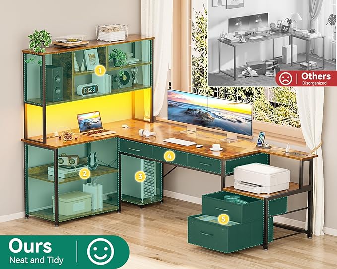 AODK 79 inch L Shaped Desk with 5 Drawers Reversible L Shaped Gaming Desk with LED Light &amp 2 Power Outlets Computer Desk with Storage Shelves for Home Office Vintage