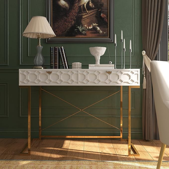 Clihome Console Table with 2 Drawers 42'' Entryway Table with Storage Desktop Sofa Table Hallway with Golden Legs and X-Shaped Bracket