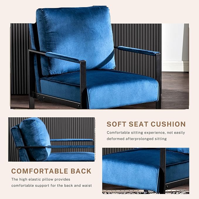 Modern Accent Chair for Living Room Bedroom Mid Century Arm Chair Velvet Office Accent Chair Reading Chair with Metal Frame for Balcony Lounge Blue Velvet