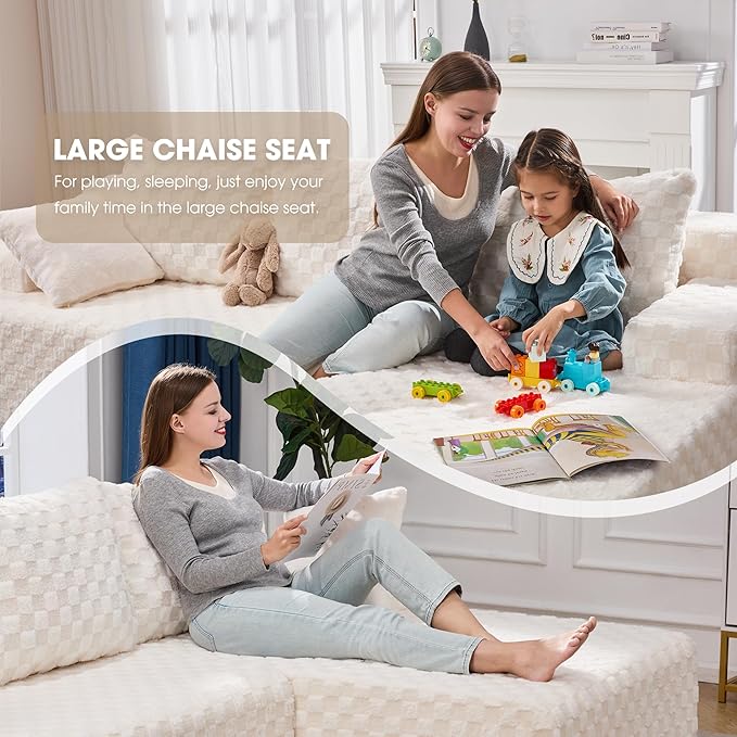 Modular Sectional Sofa Couches L-Shape Couch 3 Seat Modular Sofa Memory Foam Sectional Couches for Living Room Cloud Couch with Oversized Chaise (White Check 96 Right Facing Chaise)
