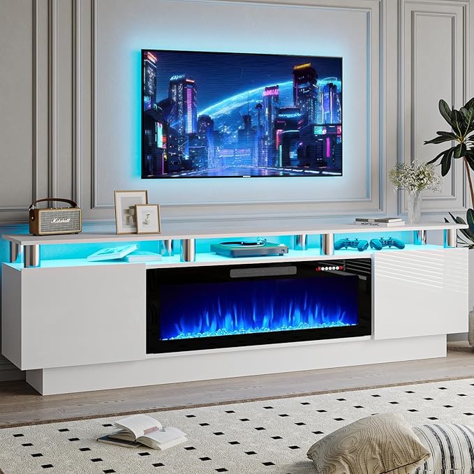 70 Modern Fireplace TV Stand with 36 Electric Fireplace for TVs Up to 80 inch Luxury LED Light Entertainment Center with High Gloss Cabinet TV Consoles for Living Room White