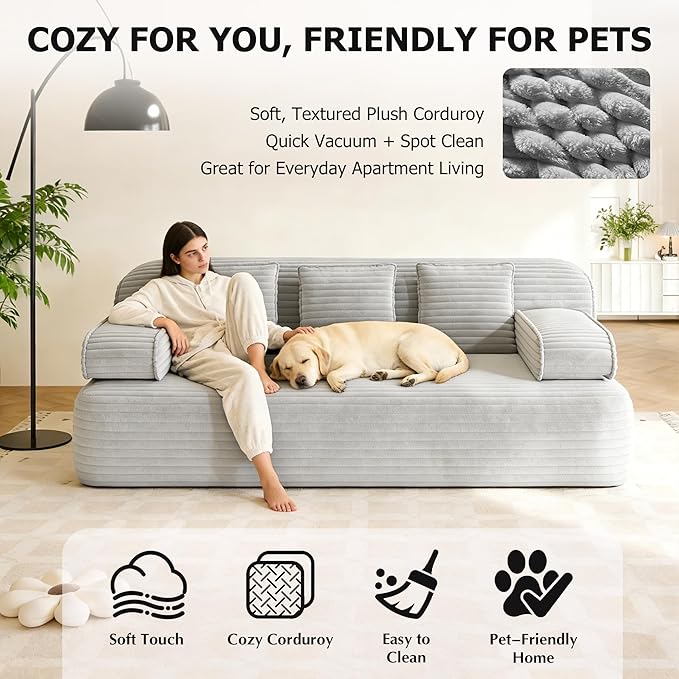 Convertible Sofa Bed 78.7 Frameless Floor Sofa-in-a-Box Corduroy Boneless Couch for Small Space Apartments Queen Sleeper Sofa for Everyday Use 3 Pillows Included No Assembly (Light Grey)