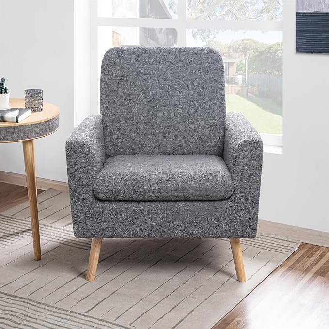 Naomi Home Frida Mid - Century Accent Chairs Set of 2 Durable Wood Frame Living Room Chairs Set of 2 Reading Chair with armrest Soft Teddy Fleece Side Chair Oak Legs arm Chairs - Gray