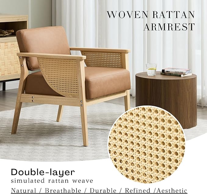 Mid-Century Accent Chair Modern Rattan Armchair PU Leather Lounge Chair with Wood Legs Upholstered Leisure Chair for Living Room Bedroom Reception Room Brown