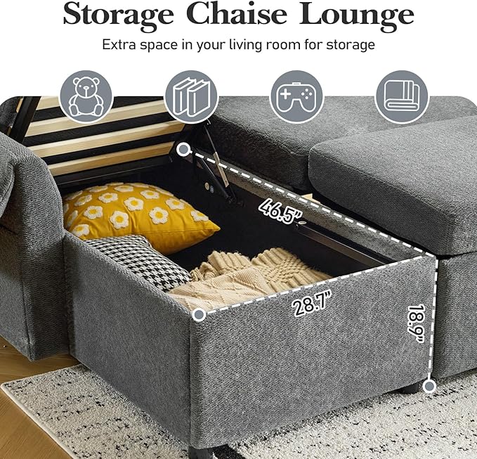 VINGLI Convertible Sofa Bed Couches for Living Room Sleeper Sofa with Pull Out Couch Bed Cloud-Like Plush Fleece U-Shape Sectional Couch with Storage Chaise USB Charging Side Pockets