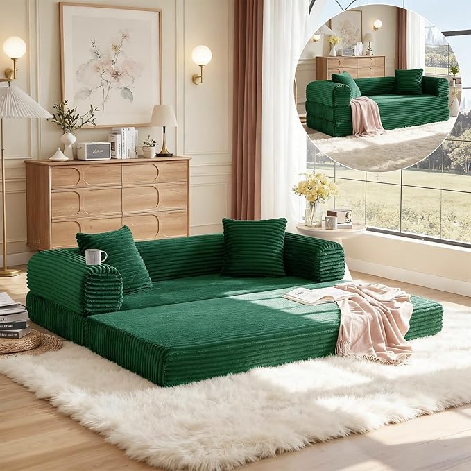 Convertible Futon Sofa Bed Fold Out Floor Sofa Couch with Sleeper SofaFolding Boneless Couches with Deep SeatCloud Corduroy Foldable Mattress Couch for Living Room (Green)