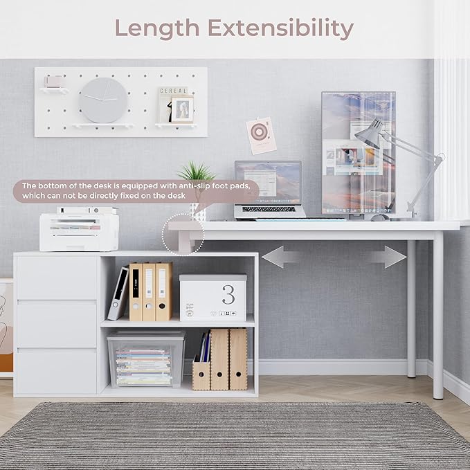 Home Office Computer Desk Corner Desk with 3 Drawers and 2 Shelves 53-inch L-Shaped Study Desk with Storage White