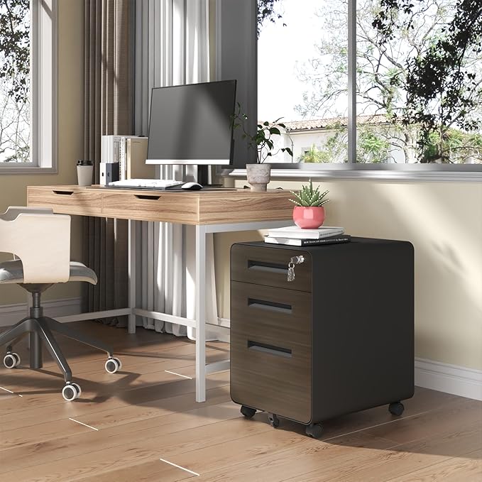 3-Drawer Mobile File Cabinet with Lock Small All-Steel Metal Filing Cabinets Organizer with Locking Drawers for Home Office Under Desk StorageHolds A4/Letter FilesBlack-Metal-Classic