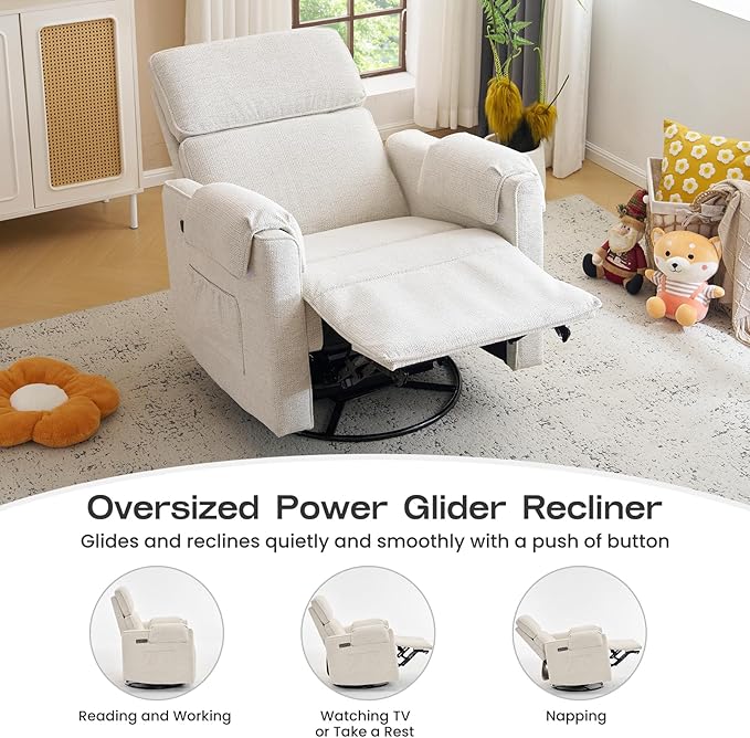 Oversized Power Recliner Chair Swivel Glider with Adjustable Headrest Swivel Rocking Recliner Chair for Adults 26 Extra Wide Glider Nursery Chair with Overstuffed Armrest USB Ports White