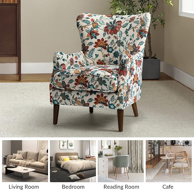 HULALA HOME Floral Accent Chair Wingback Chair with Arms and Solid Wooden Legs Comfy Upholstered Armchair Single Sofa Chair for Living Room Office (RED)
