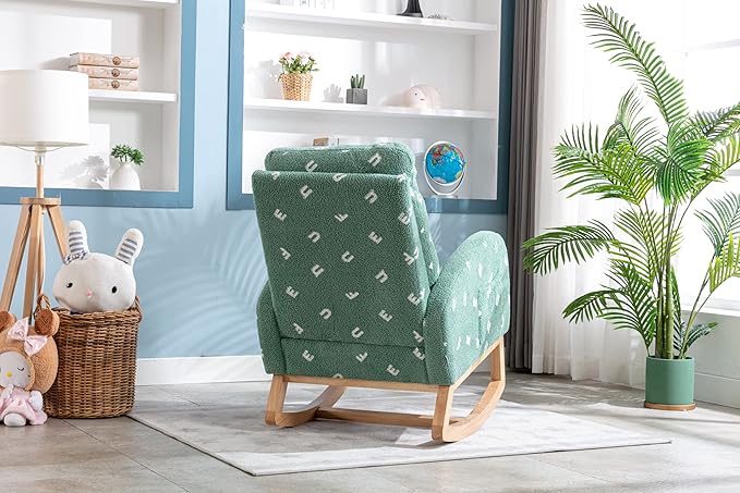 Setawix Teddy Rocking Chair for Nursery Midcentury Modern Accent Rocker Armchair with Side Pocket Upholstered High Back Wooden Rocking Chair for Living Room Baby Room Bedroom (Green Alphabet)