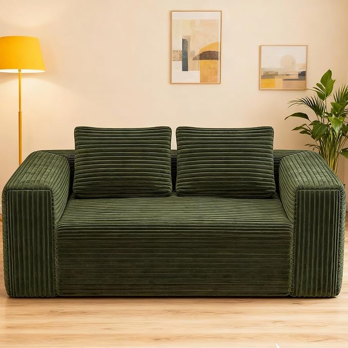 63 2 Seater Boneless Sofa Cloud Loveseat Sofa in A Box for Living Room Corduroy Couch Memory Foam Couch No Assembly Needed Floor Sofa Lounge for Living Room Bedroom Green
