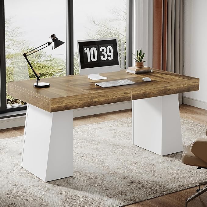 Tribesigns 55 Inches Executive Desk Mid-Century Modern Home Office Desk Wood Computer Table Business Workstation Small Conference Table White &amp Brown