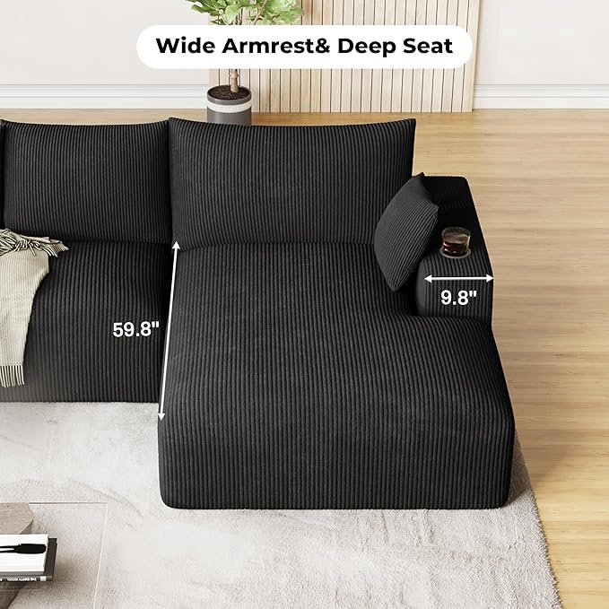 113 Modular Sectional Sofa Cloud Couch Modern Deep Seat Fluffy Corduroy Boneless Couch with Cup Holder Comfy L Shaped Sectional Couches for Living Room Bedroom. (Right Facing Black)