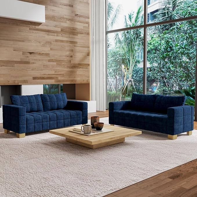 81.89 Sofa Comfy 3 Seat Sofa Tufted Chenille Upholstered Sofa Couch for Living Room with Gold Metal Legs and 2 Throw Pillows (Blue（3+3）)