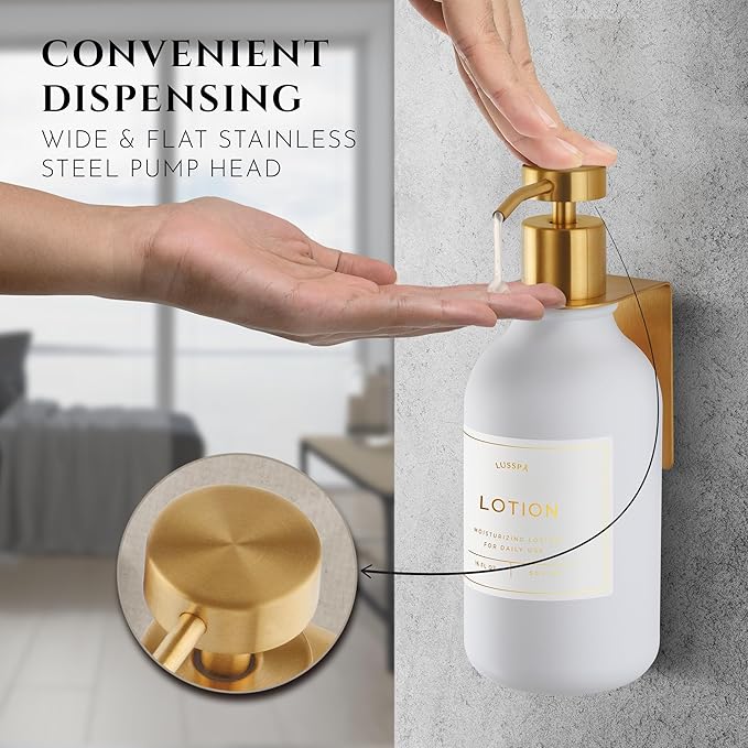 Shower Shampoo Dispenser Wall Mounted – 3 Refillable 16.9 oz White Bottles with Stainless Steel Pumps &amp No-Drill Adhesive Holders – Soap Dispenser Set for Bathroom (3 X White/Gold)