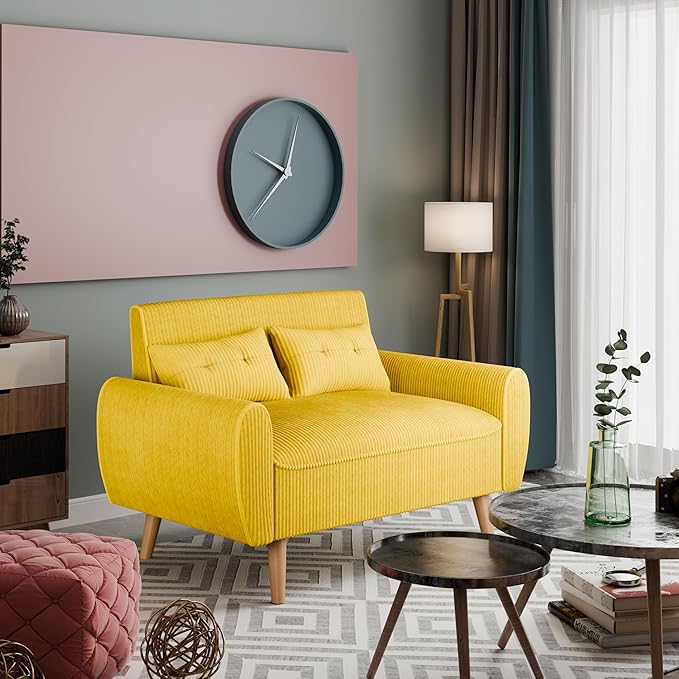 Vongrasig 48 Small Modern Loveseat Sofa Mid Century Soft Corduroy Fabric 2-Seat Sofa Couch Tufted Love Seat with Back Cushions and Tapered Legs for Living Room Bedroom and Small Space (Yellow)