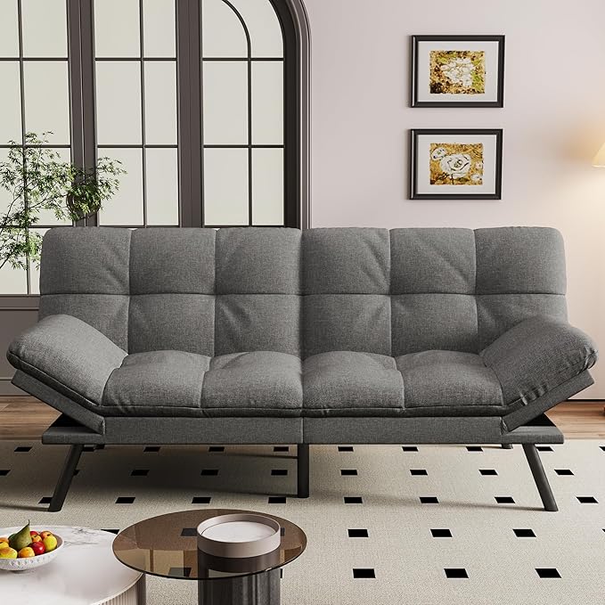 Vipbear Convertible Futon Sofa BedGrey Linen Fabric Futon Couch with Detachable CushionAdjustable Backrest &amp ArmrestModern Loveseat Sleeper Recliner for Living RoomOfficeApartment