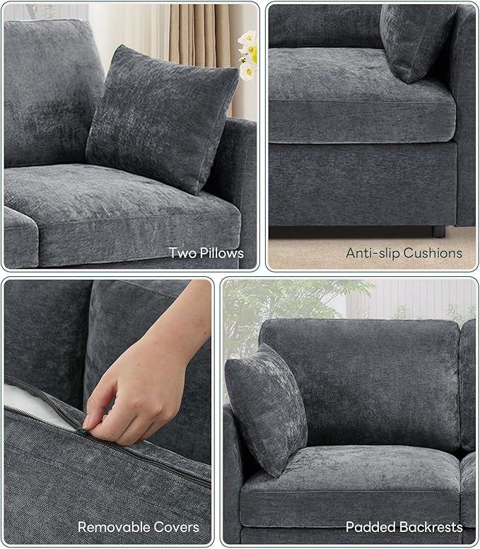 Tbfit Convertible L Shaped Couch Sectional Sofa for Living RoomChenille Cloud Couch with Ottoman 4 Seat (Grey)