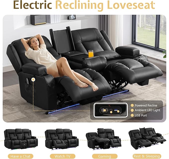 URRED Power Reclining Loveseat Sofa with Console RV Couch Loveseat Recliner Sofa with Massage &amp Heat LED Light Cupholders Bluetooth Speakers USB Charge Ports Outlets Faux Leather Black