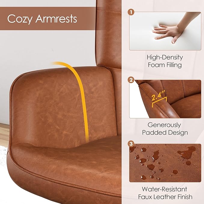 Yaheetech Accent Chairs Large PU Leather High-Back Chair w/Metal Legs Pottery Barn Style Living Room Chairs for Bedroom/Home Office Brown Set of 2