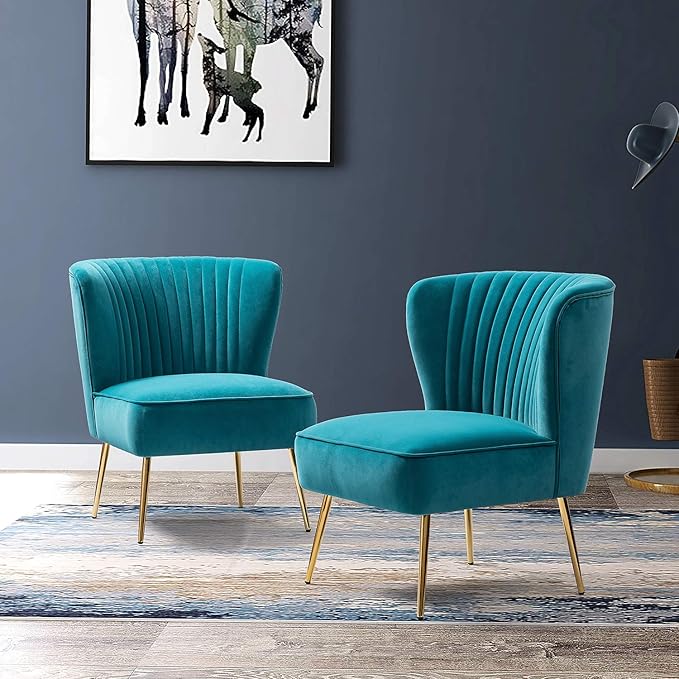 TINA'S HOME Monica Velvet Armless Side Chair Set of 2 Upholstered Accent Chair Comfy Living Room Chair with Golden Legs Wingback Mid Century Slipper Chair for Bedroom Guest Room- Blue