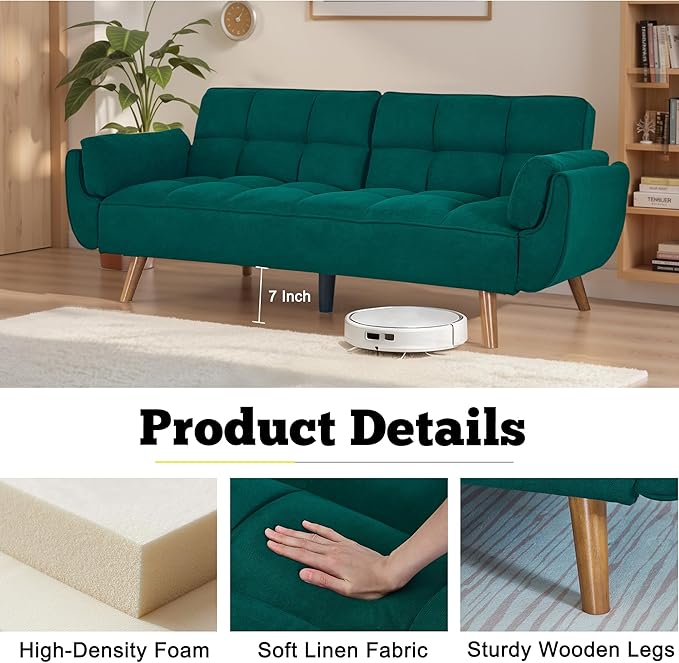 Convertible Futon Couch Bed Sleeper Sofa Bed with Adjustable Backrests Linen Loveseat Sofa 3 Seater Comfy Couch for Small Spaces Living Room Bedroom(Green 75)