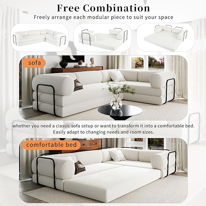 115''W Modular Sofa Bed in Corduroy Fabric L Shaped Sectional Couches Modern Upholstered Couches with Iron Frame Support 4 Independent Mattresses 3 Wedge Cushions and 1 Flat Cushion (Beige/22)
