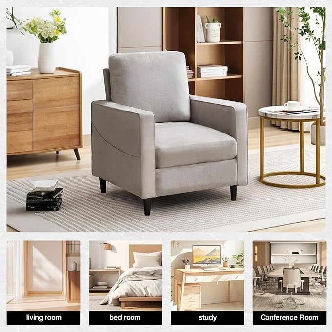 Mid Century Accent ChairModern Linen Fabric Armchair for Living RoomDouble Side Pockets Comfortable and Padded Reading Feature Sofa Chair Suitable for bedrooms Living Rooms and Offices1 Pcs